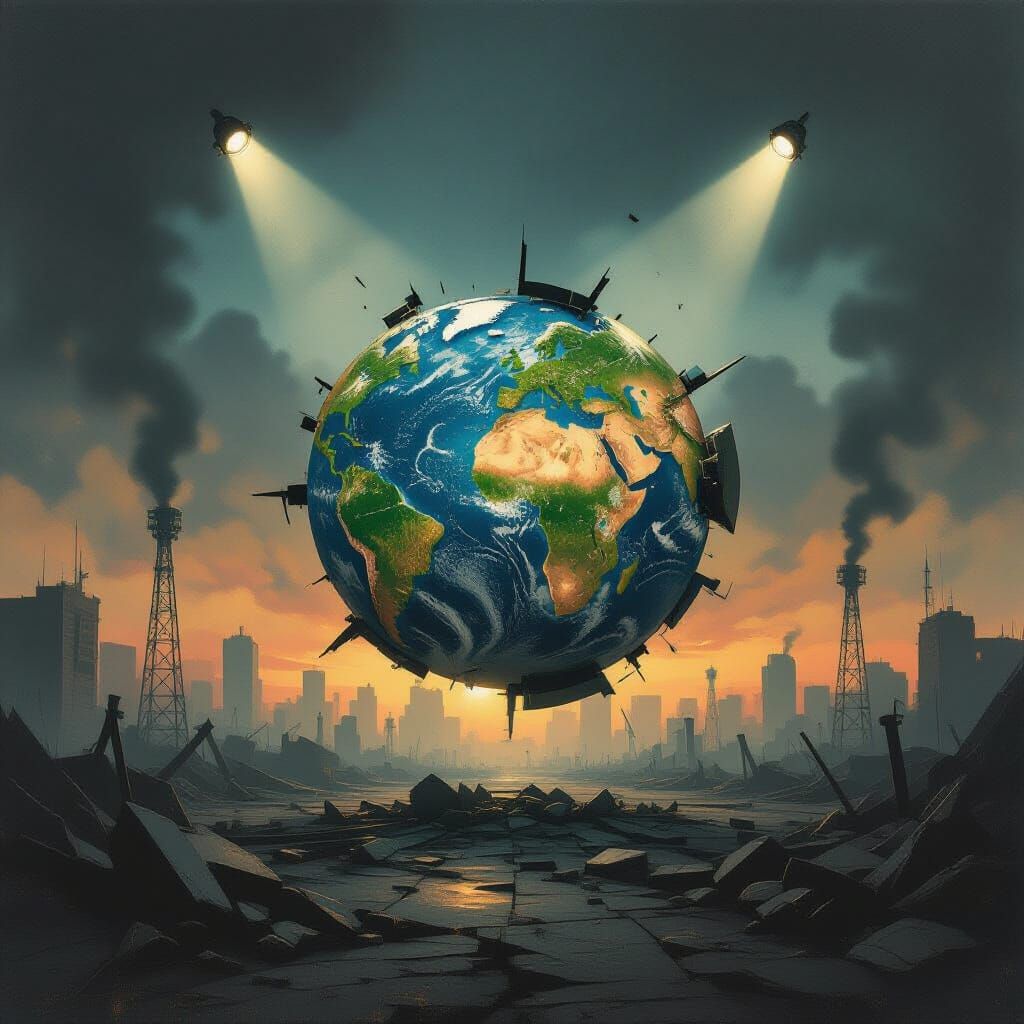 Broken Globe in Dystopian Twilight