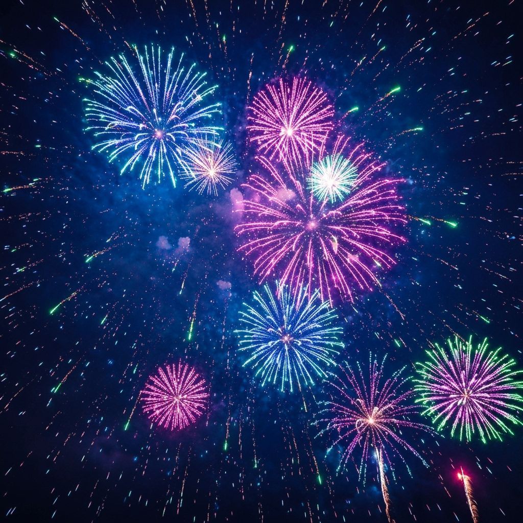 Neon Fireworks Display in a Dreamlike Sky