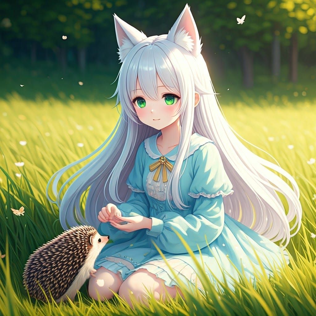 Serene Girl with Wolf Ears Interacts with Hedgehog in Vibran...