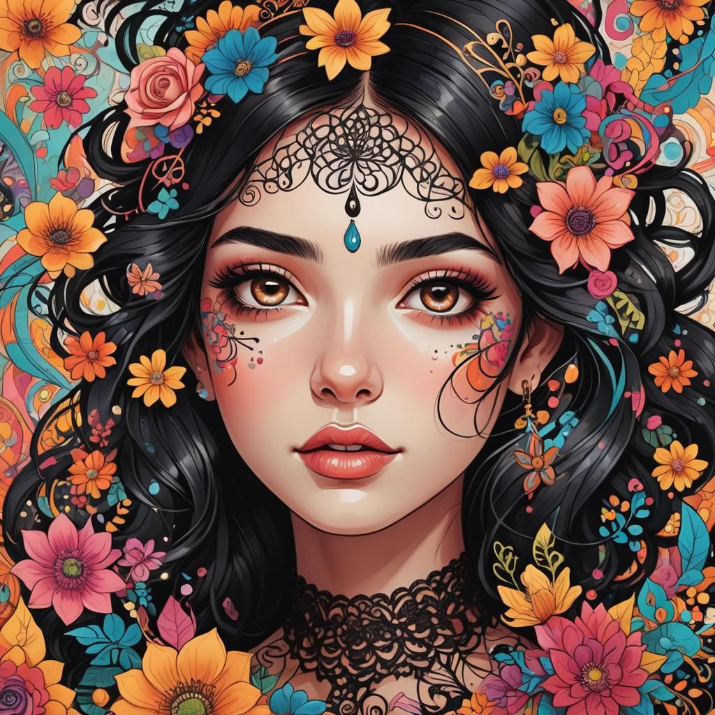 Girl with Swirling Face Patterns: Digital Illustration