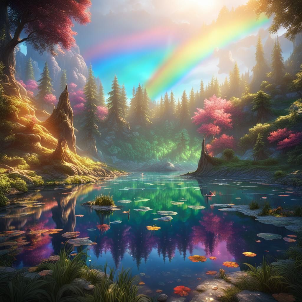 Rainbow Lake in Elf Forest: Fantasy Concept Art