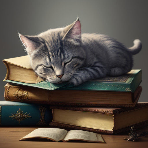 Kitty Sleeping on Books: Whimsical Fantasy Art