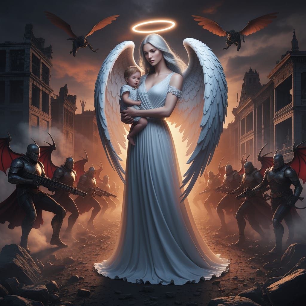 Serene Angel in War-Torn Cityscape with Halo and Maternal Lo...
