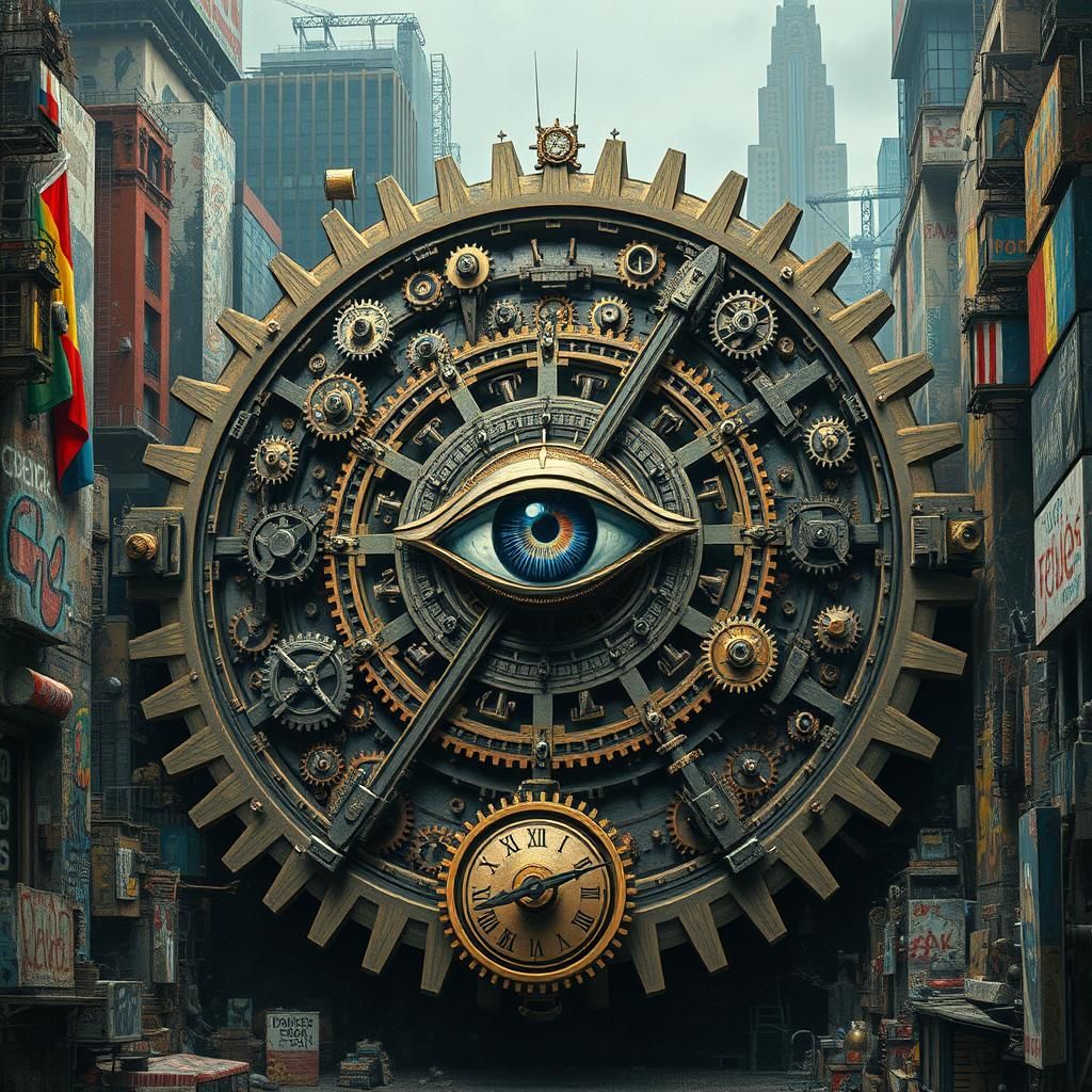 A large, intricate clockwork mechanism symbolizing the manip...