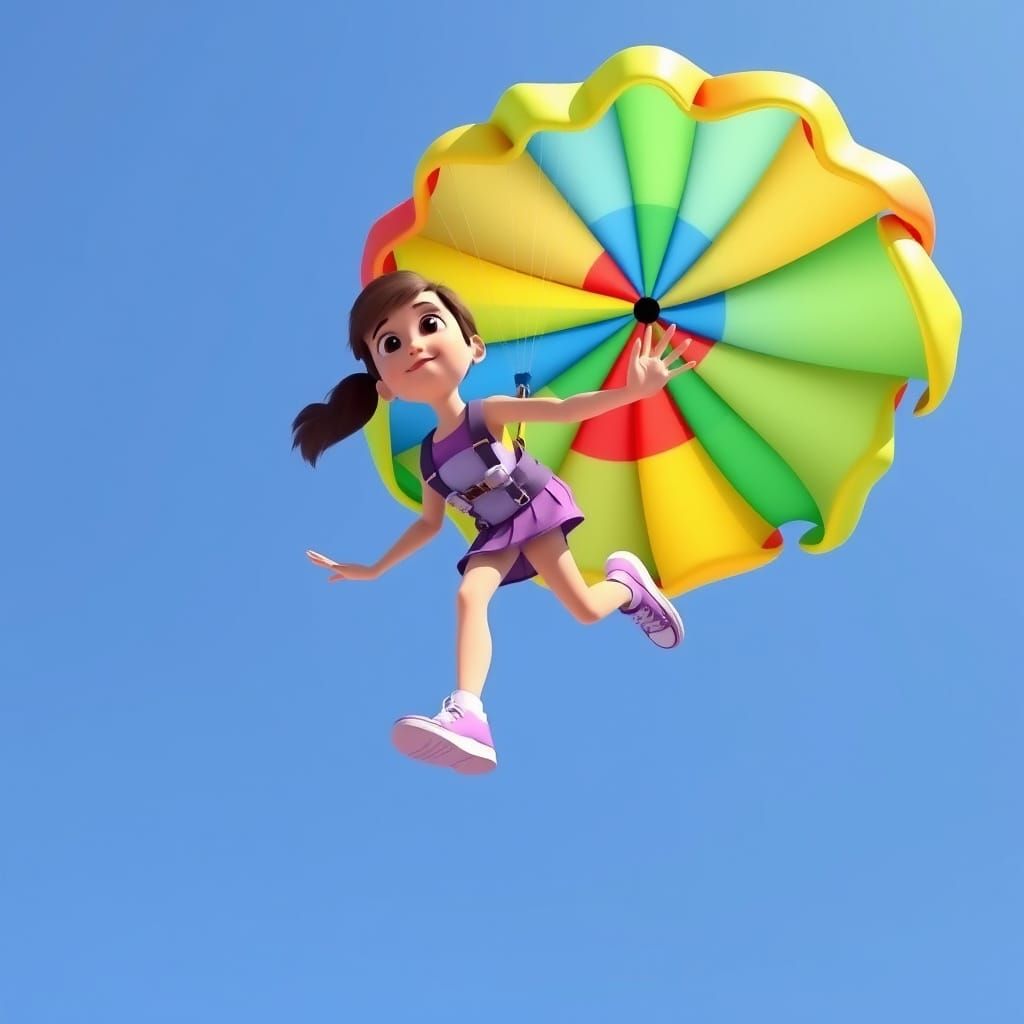 Girl with Striped Parachute in 3D Rendered Style