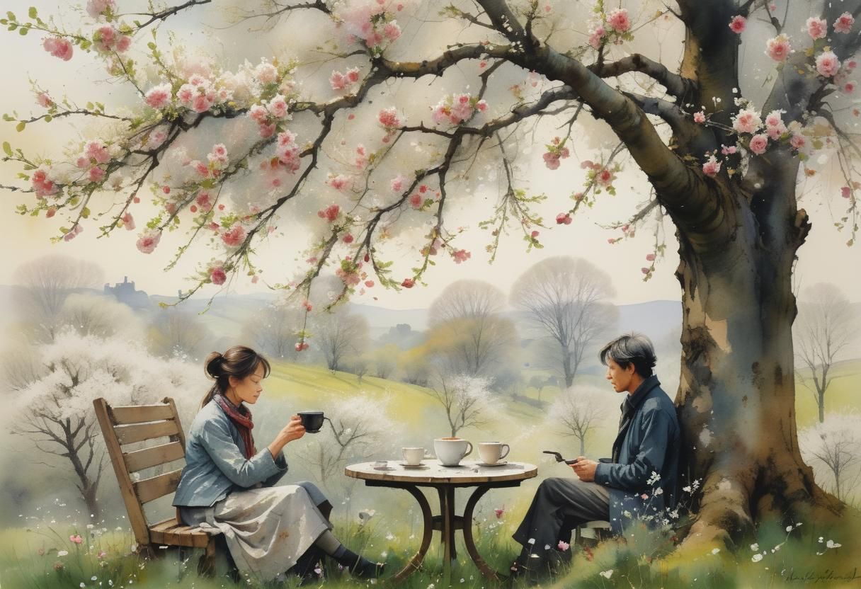 Blossoming Apple Tree Coffee Scene in Intricate Watercolor S...