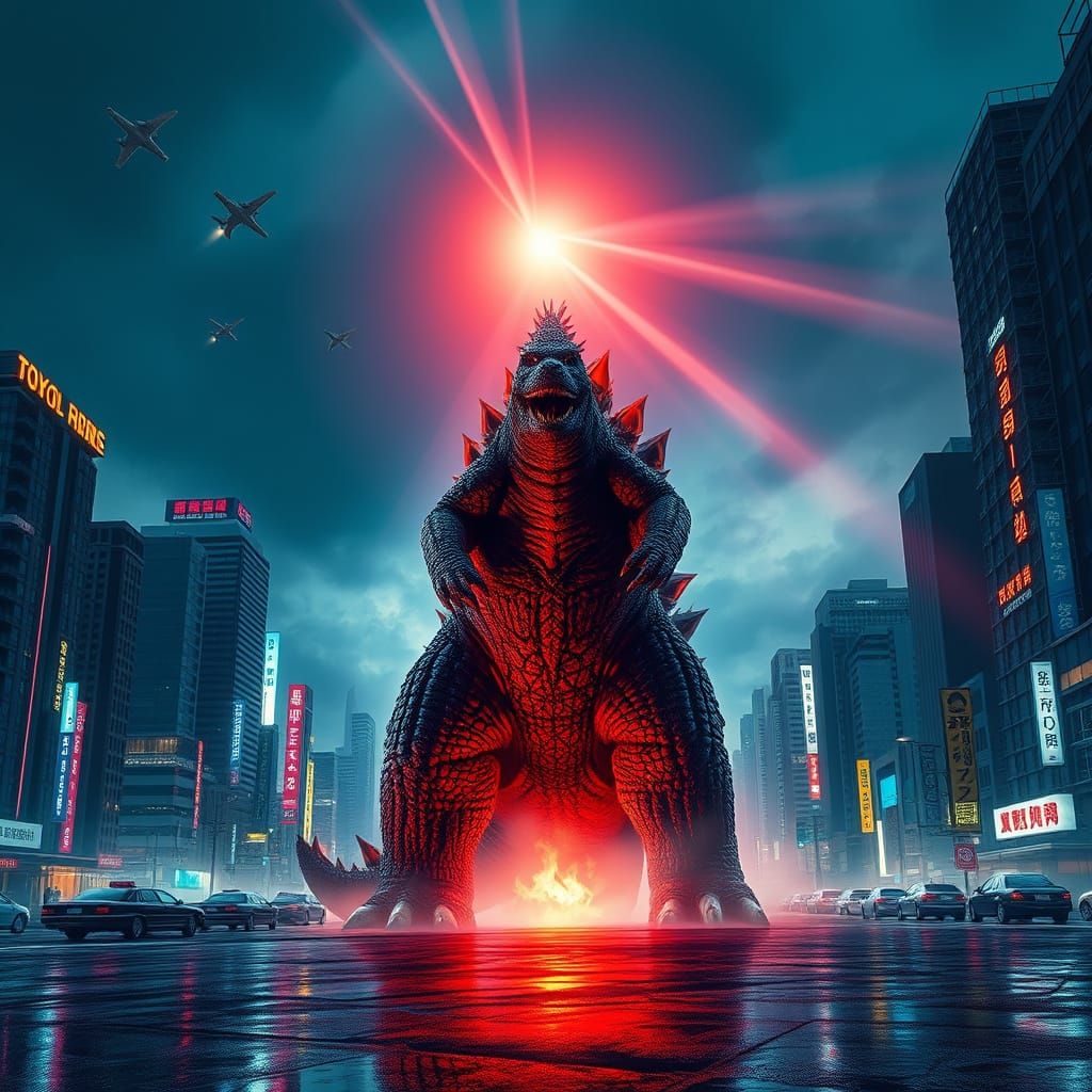 Godzilla Battles Tokyo in a Futuristic Urban Landscape