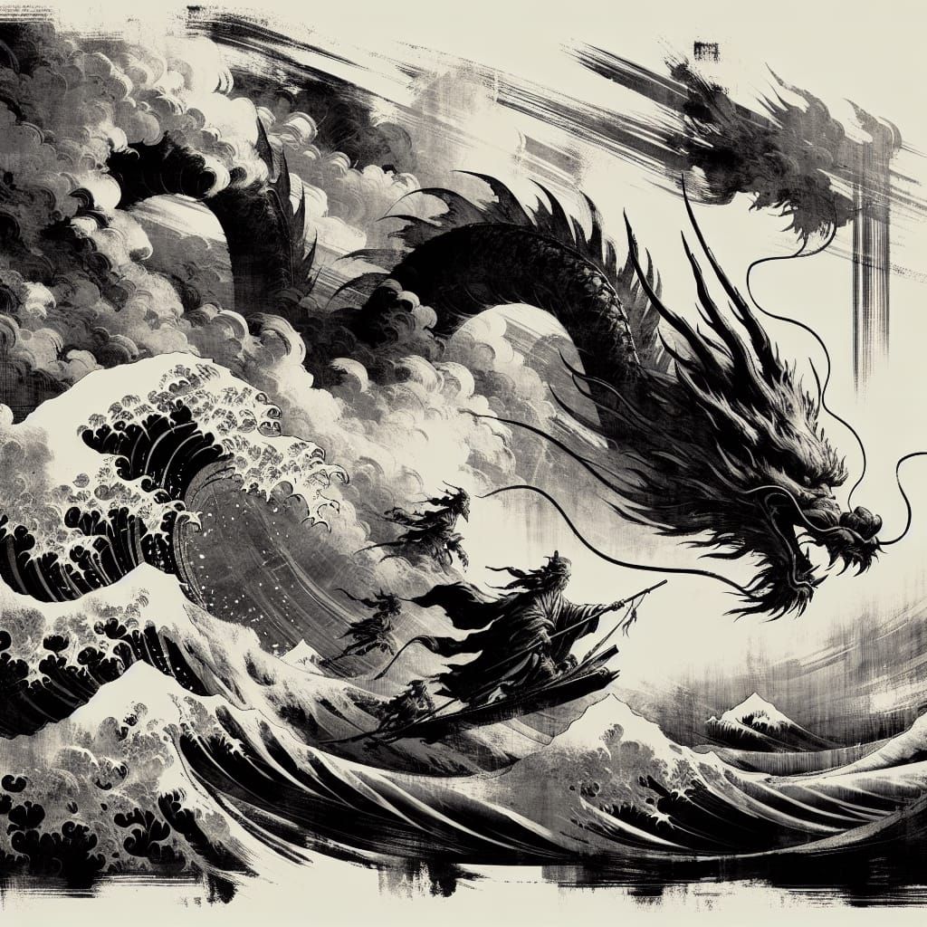 Oriental Fusion: Suspenseful Scene in Japanese Ink Style