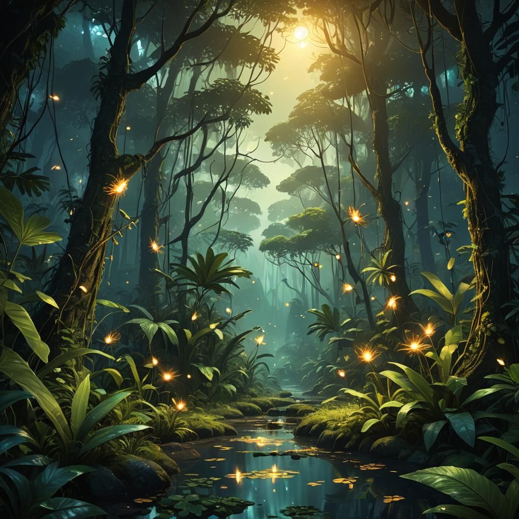 Exotic Wildlife in Magical Jungle, Fantasy Art