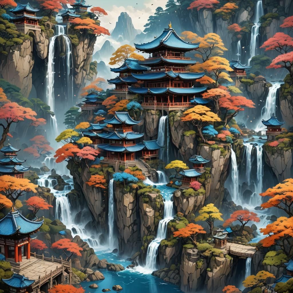 beautiful fantasy landscape with japanese temple and intricate waterfall falling off the edge
