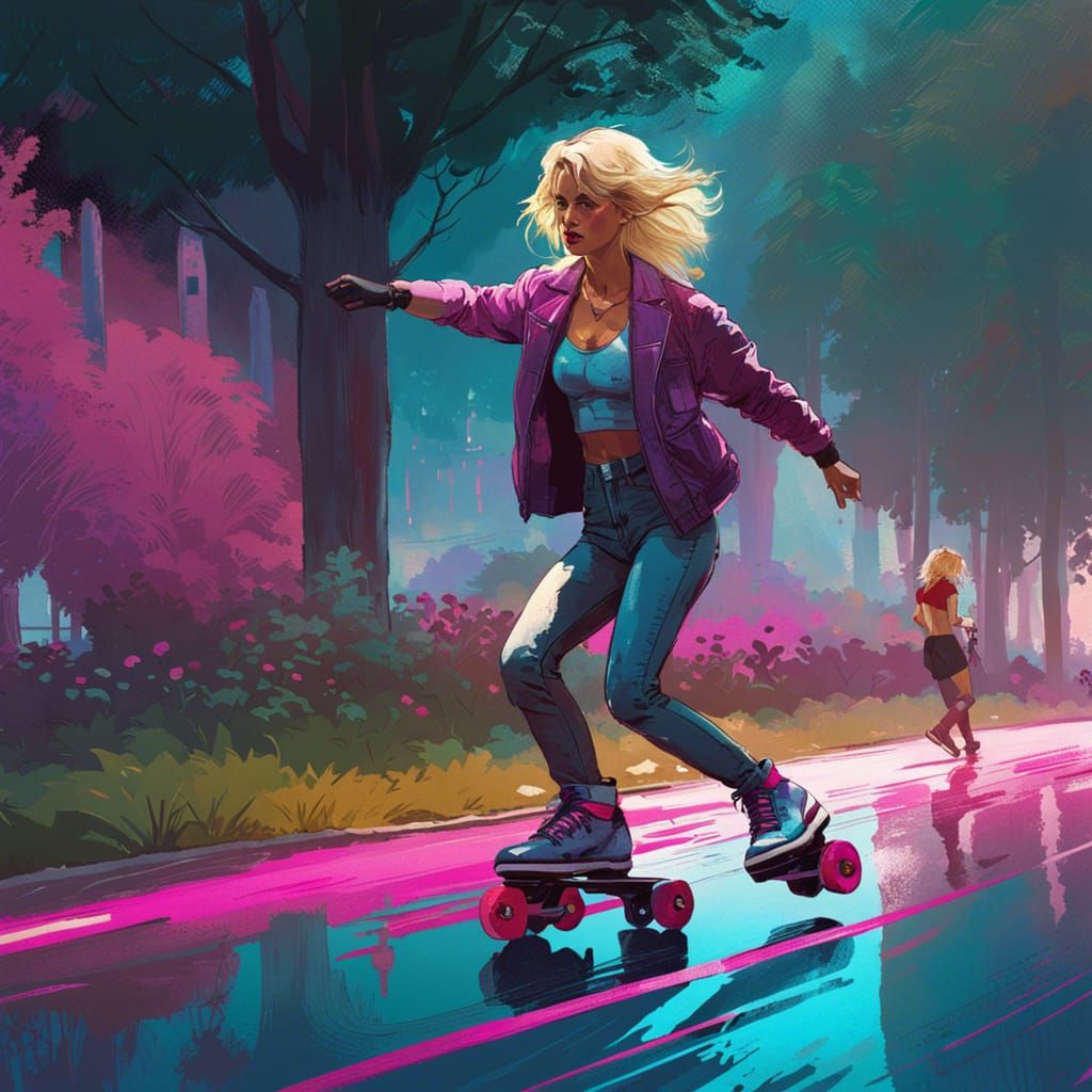 80's Woman Roller Skating in a Park