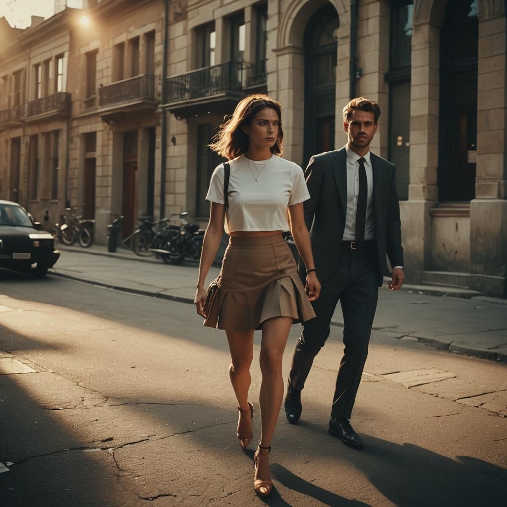 Dramatic Film Still of a Couple Walking