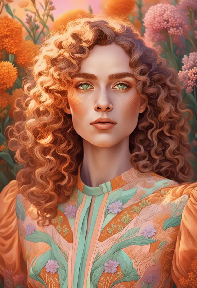 Pastel Portrait of Woman with Wildflowers in Art Nouveau Sty...