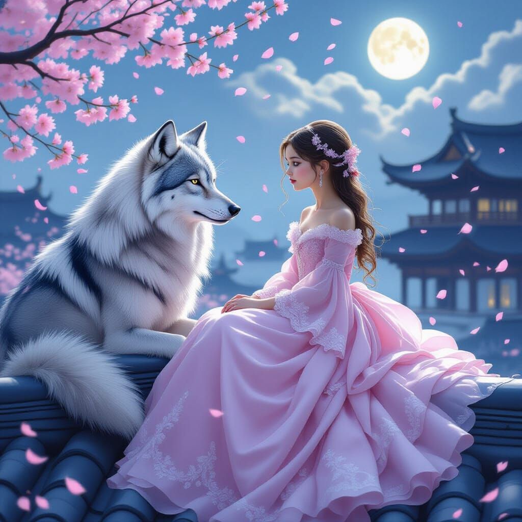 Girl and Wolf on Palace Rooftop