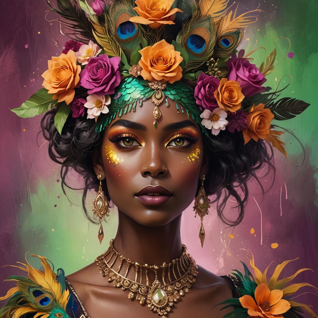 Peacock Haired Woman Portrait in Fantastical Concept Art