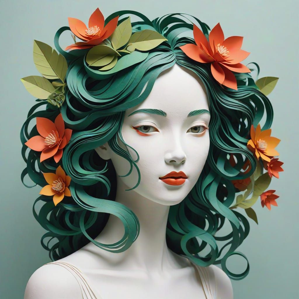 Paper Sculpture of a Serene Woman in a Floral Fauna Scene
