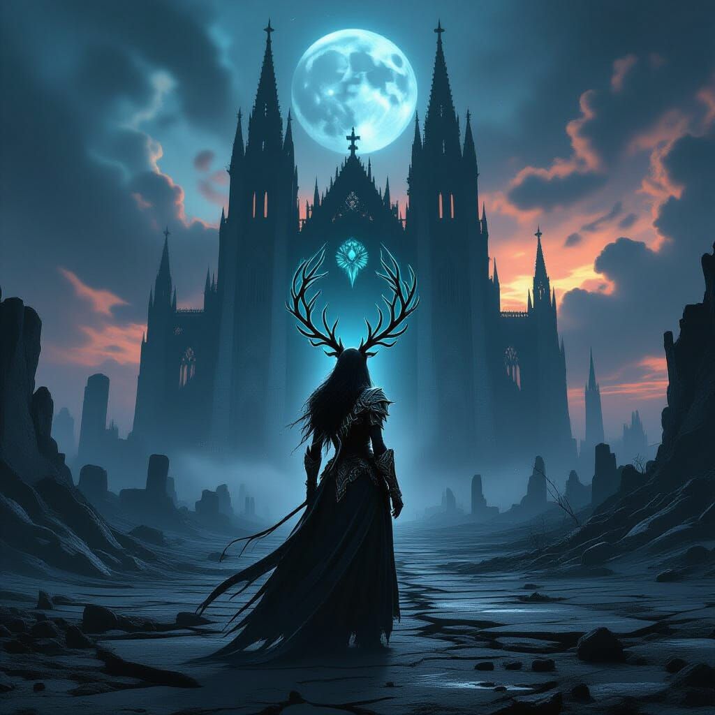 Huntress Before Cosmic Cathedral on Alien World