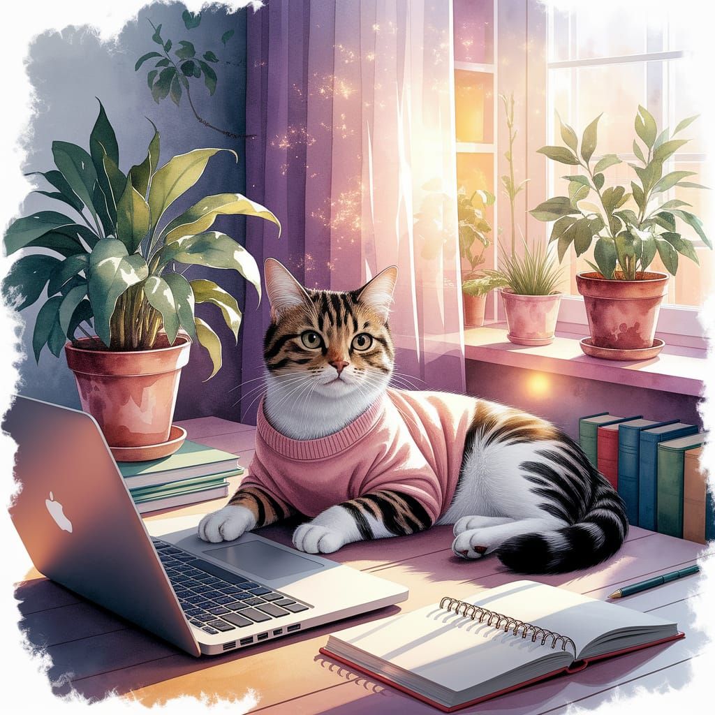 Millennial Cat Lounging in Cozy Room as Watercolor Painting