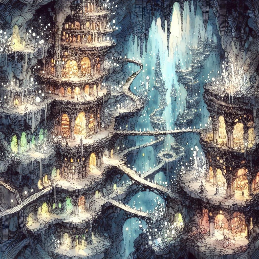 Fantastical Subterranean Metropolis in Ink and Watercolor