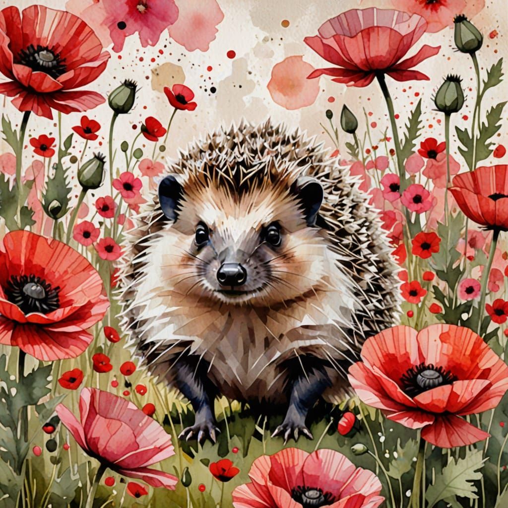 Hedgehog in Poppy Field: Mixed Media Illustration
