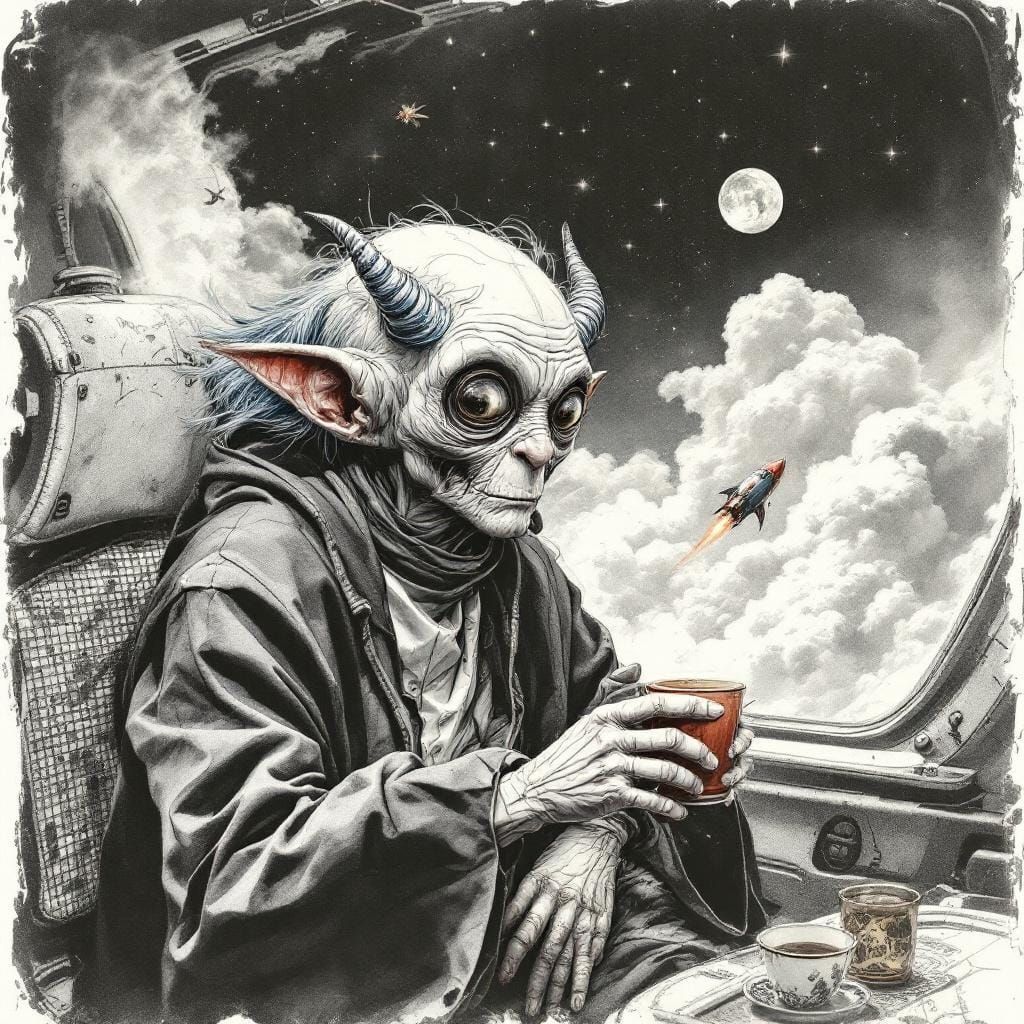 Alien Tea Ceremony in Space: Egon Schiele Style