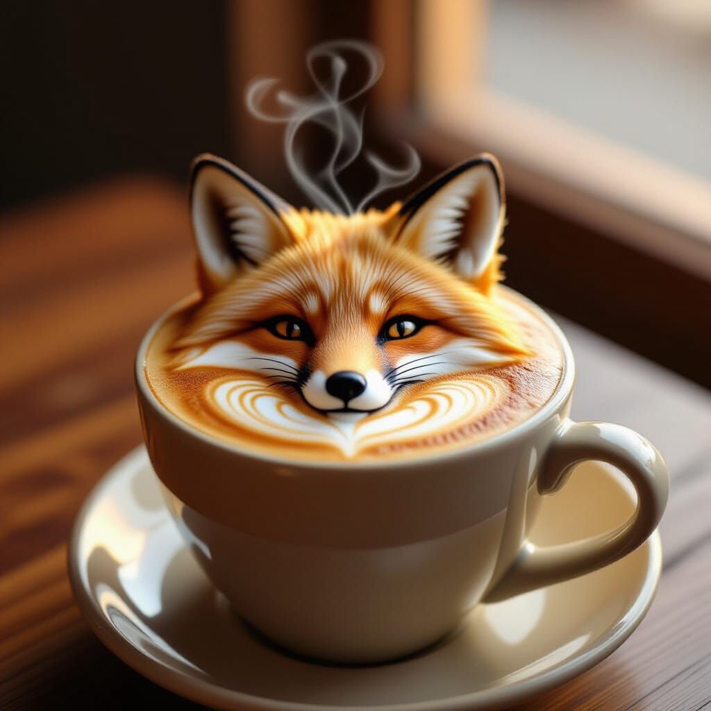 Hyperrealistic Fox Latte Art in Creamy Coffee