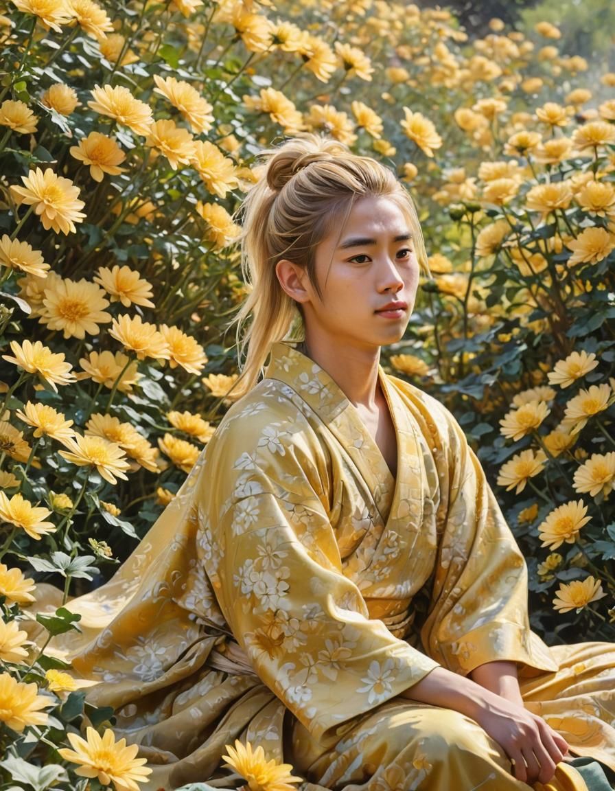 Japanese Boy in Vibrant Chrysanthemum Field with Impressioni...