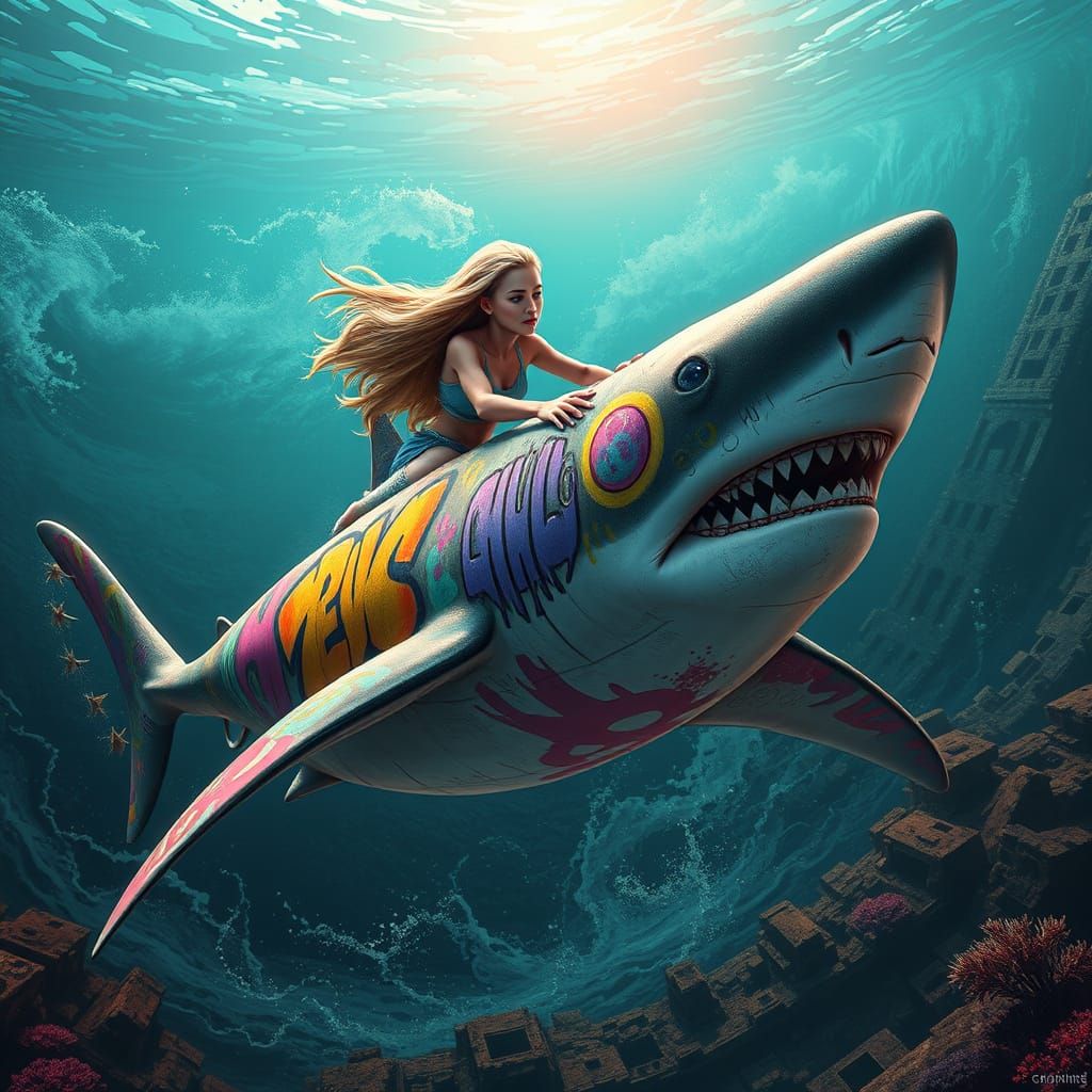 Woman Rides Graffiti Shark in Futuristic Ocean