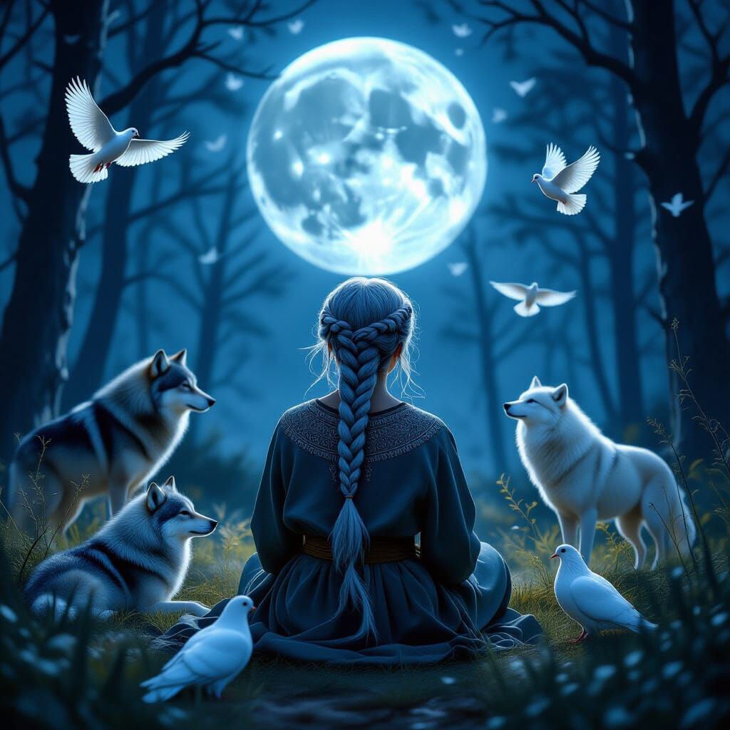 Village Healers Pray Under Full Moon with Wolves and Pigeons