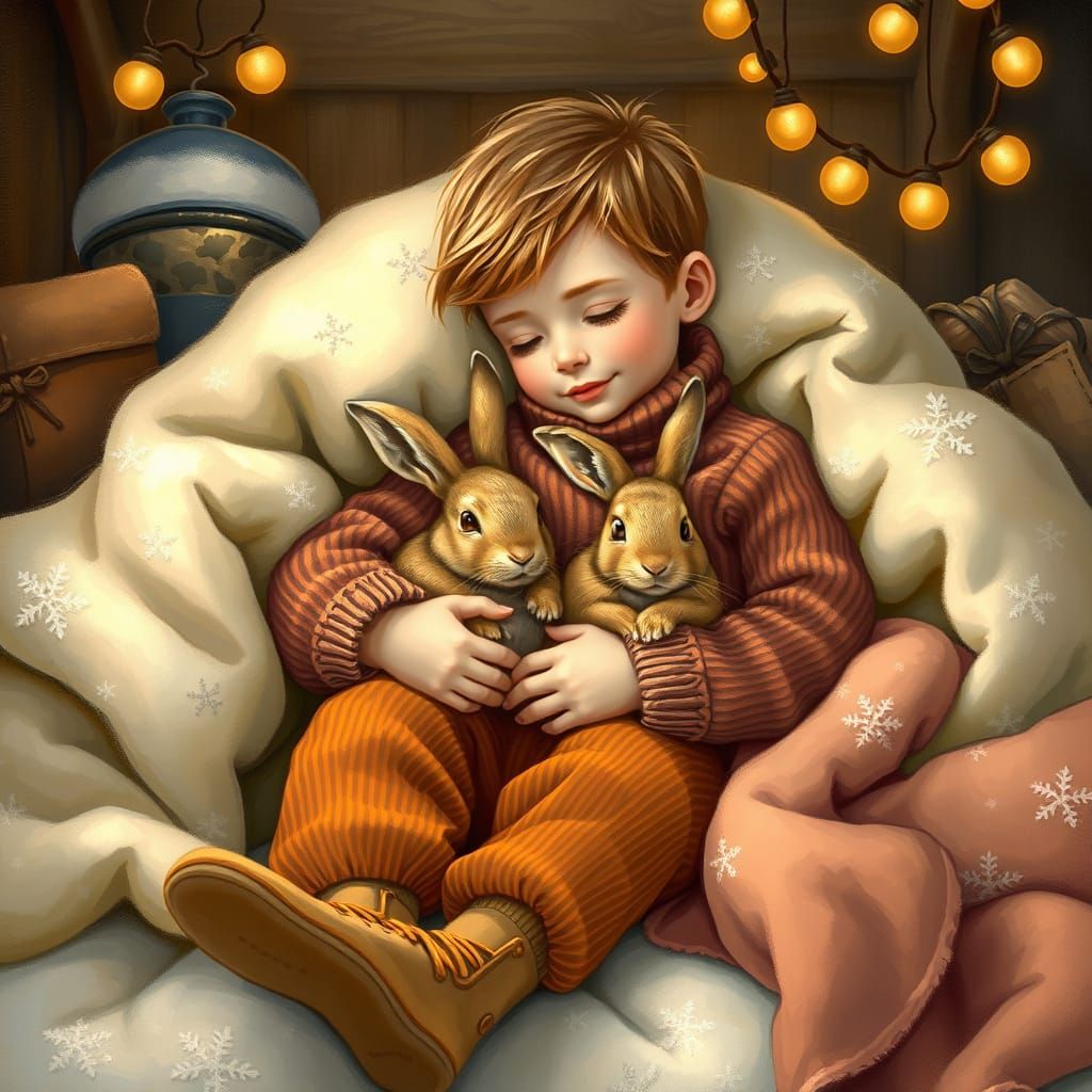 Boy in Cozy Winter Scene with Rabbit