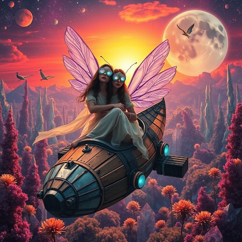 Gossamer Woman on Rustic Spaceship Amidst Galaxy Sunset