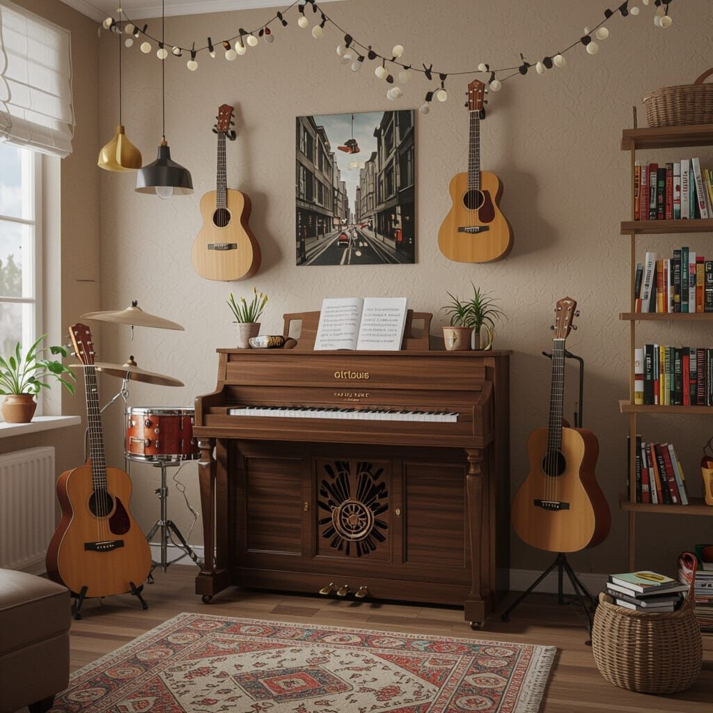 Musician's Studio with Toy Motorbikes in Detailed Matte Pain...