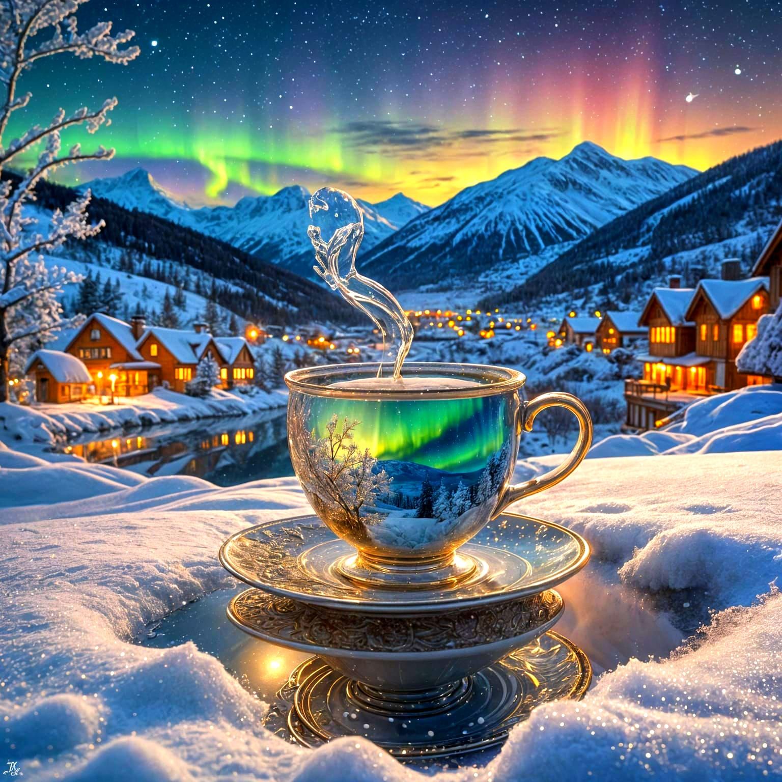 A beautiful magical fairy-tale cup of tea in the snow