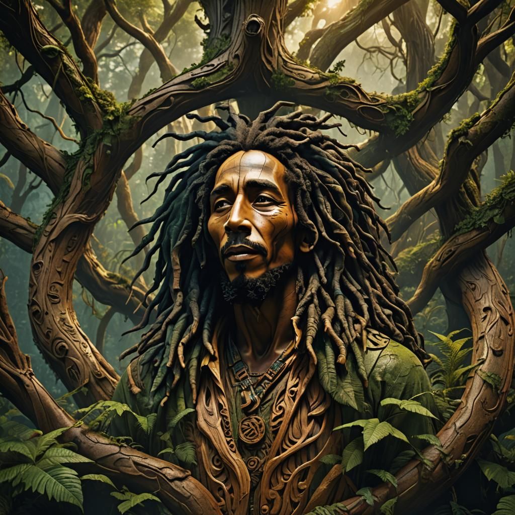 Bob Marley Wooden Sculpture in Mystical Forest
