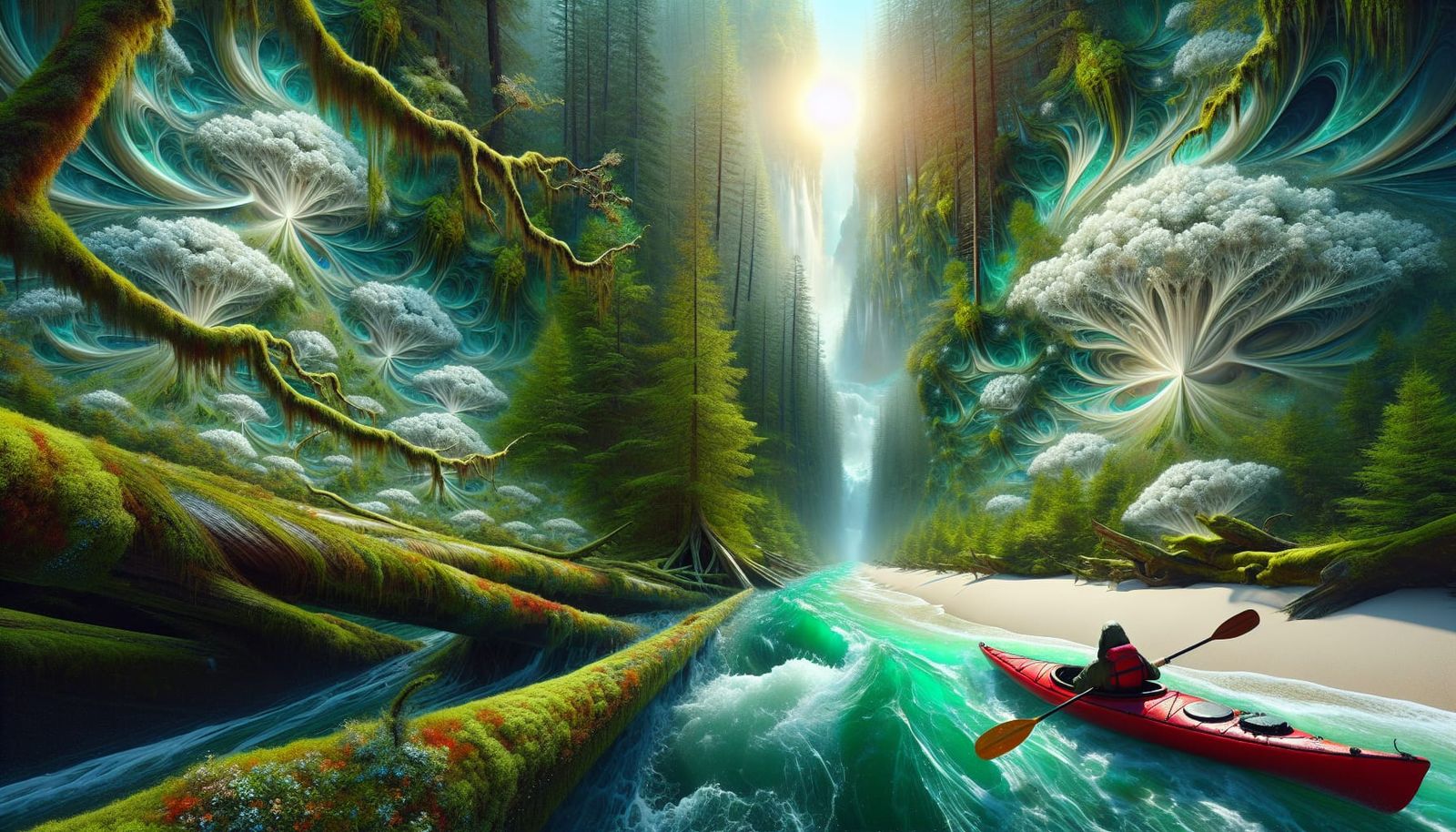 Majestic Kayak Voyage in Vibrant Forest River
