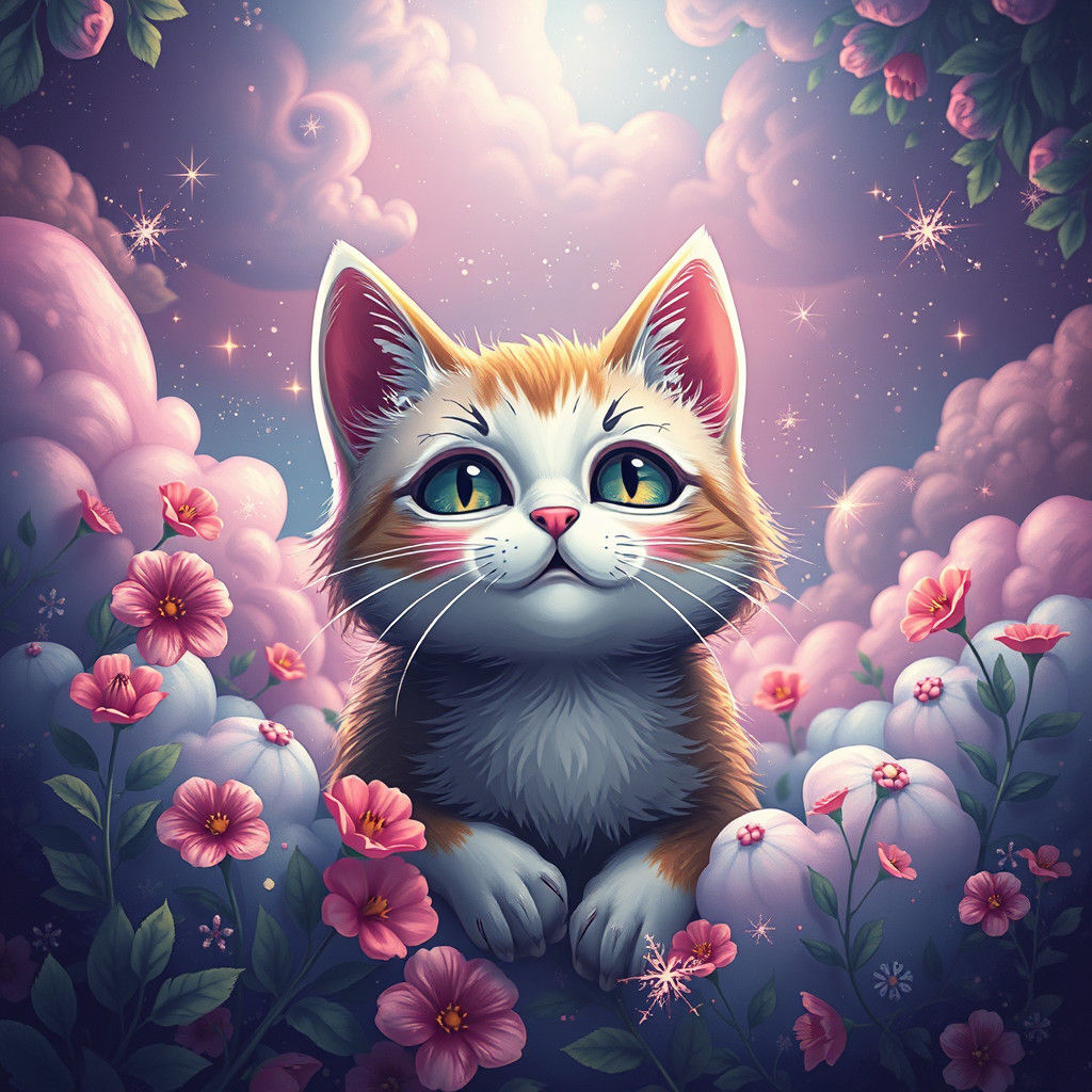 Whimsical Cat Sticker in Dreamlike Fantasy Landscape