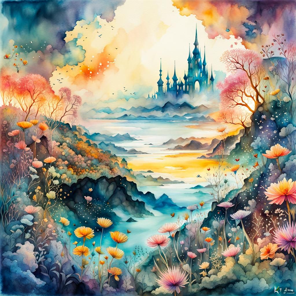 Chaotic Alien Landscape in Watercolour Style