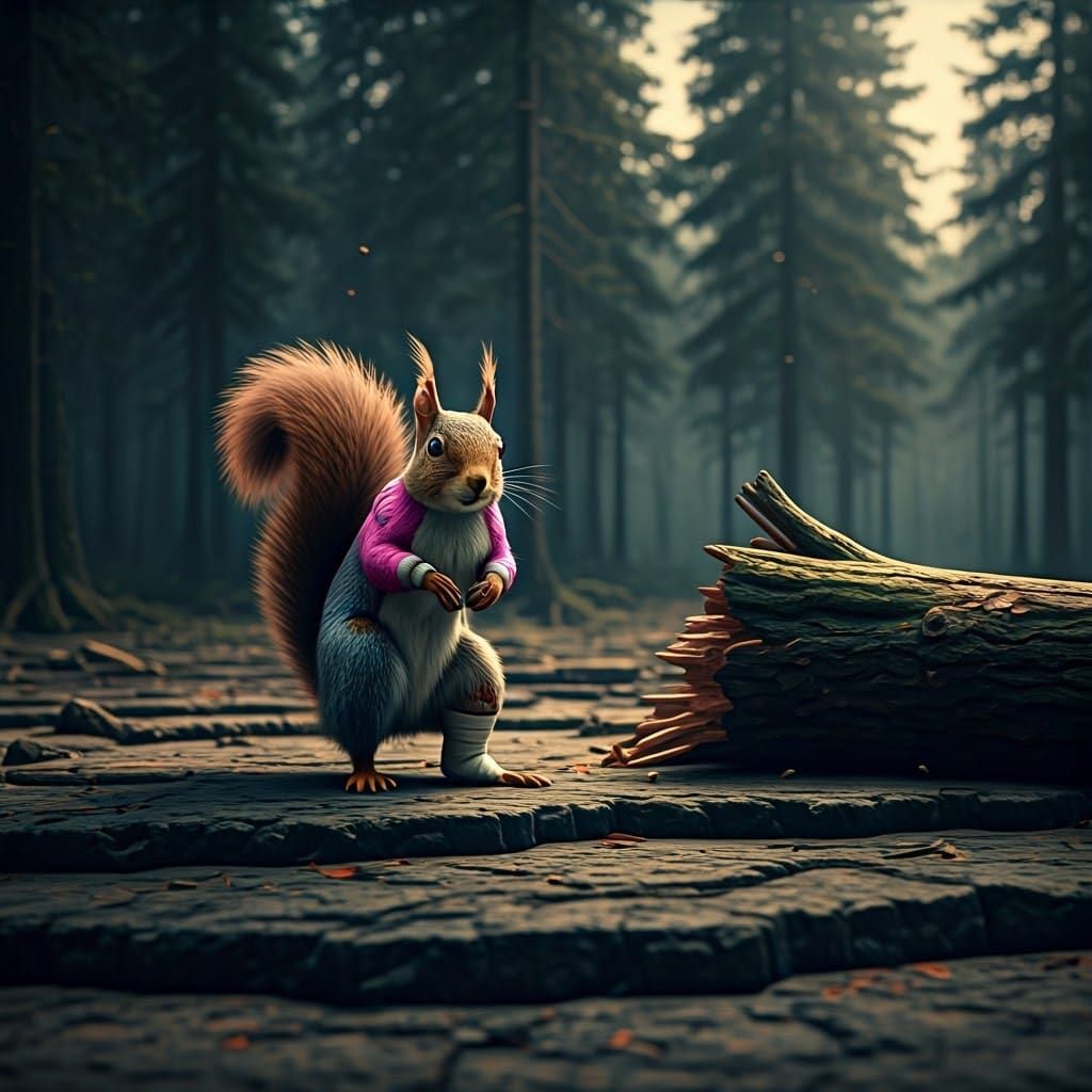 Squirrel in Pink Outfit on Barren Landscape
