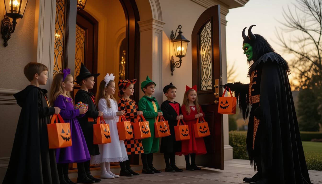 Trick-or-Treaters at Opulent Home in Golden Hour