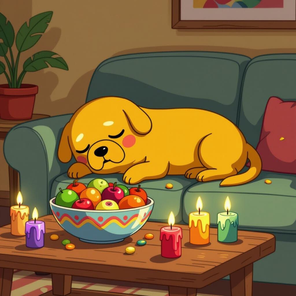 Jake the Dog Sleeps Peacefully on Couch with Fruit and Candl...