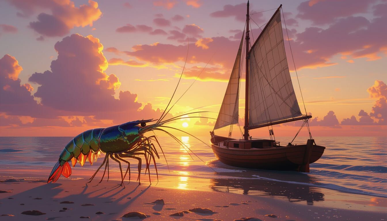 Prawn Captains Sailboat on Beach at Sunset