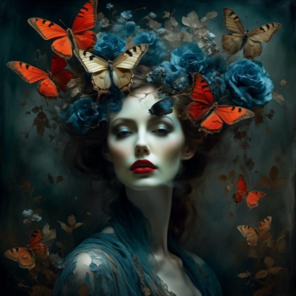 Ethereal Double Exposure Portrait with Scarlet Lips