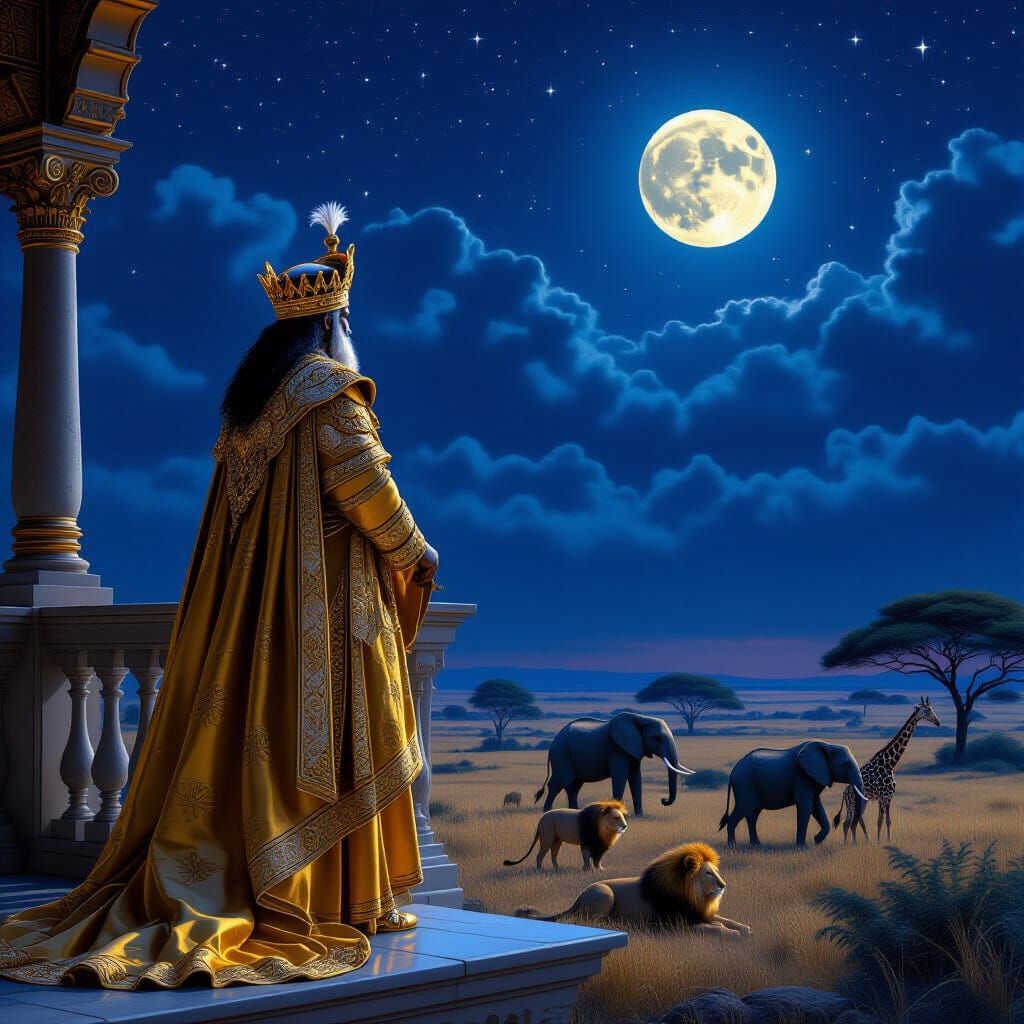 Emperor Overlooking Night Savanna in Hyperrealistic Digital ...