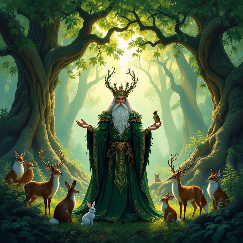 Forest King Crowned in Vines, Mystical Light, Fantasy Art