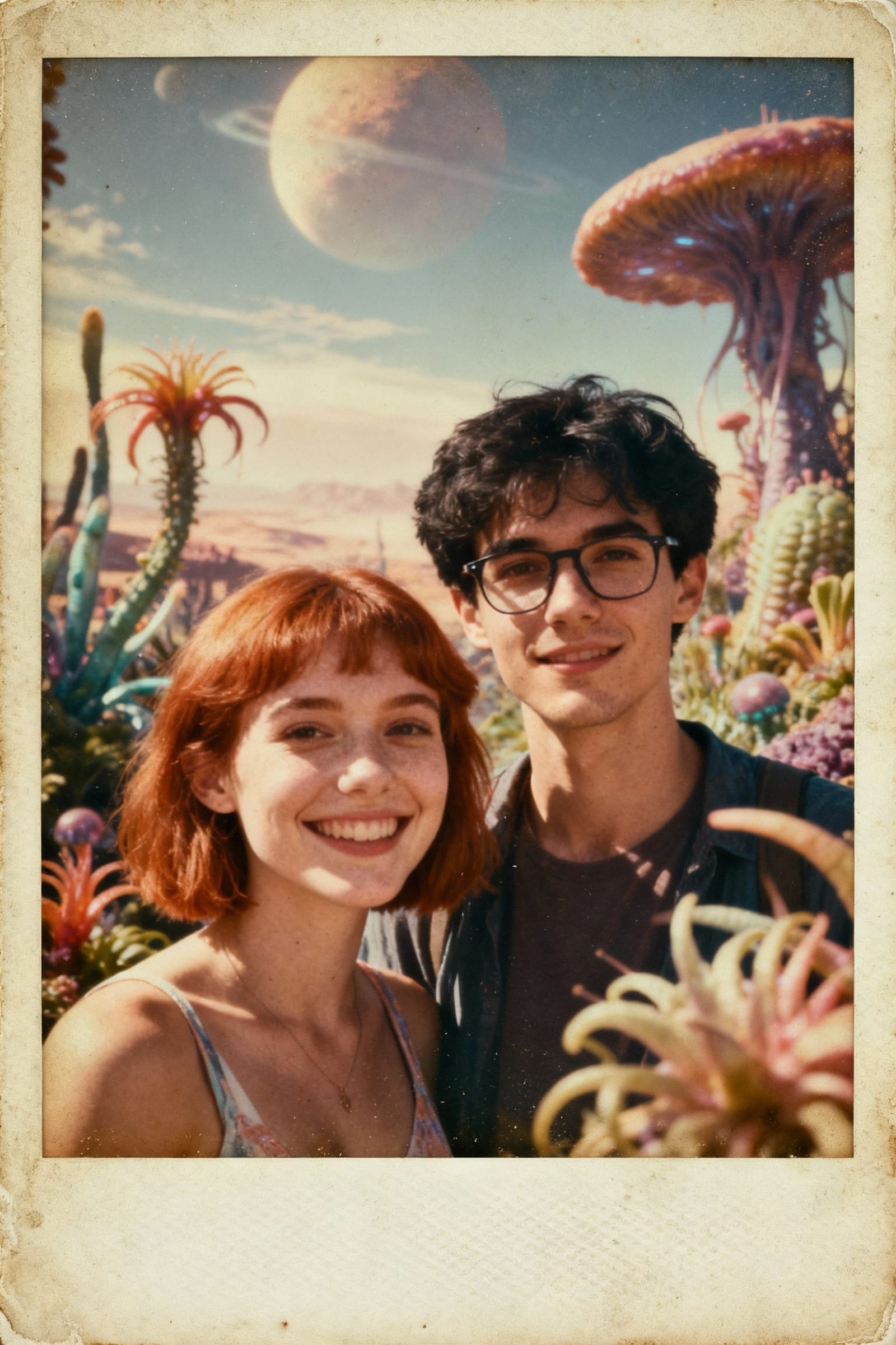Couple Vacationing on Venus in Vintage Polaroid Style