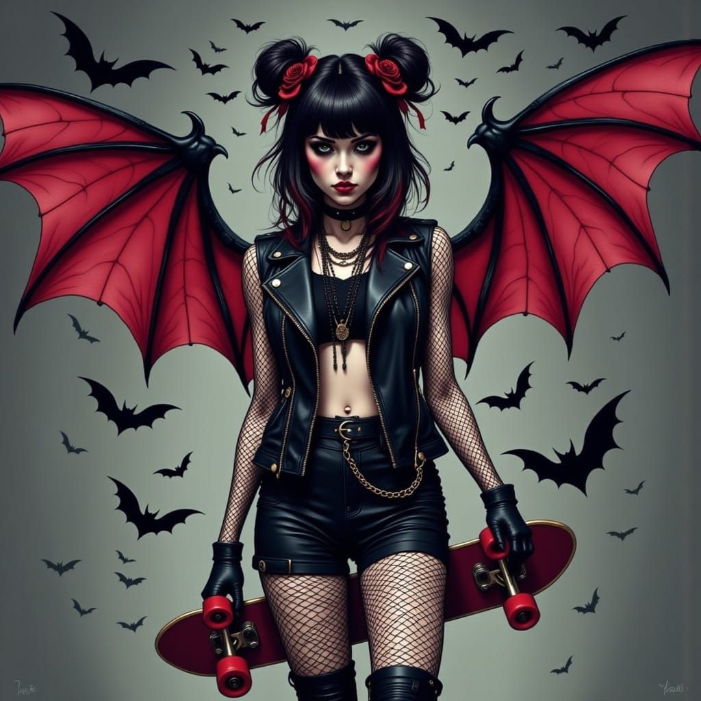 Goth Punk Woman on Skateboard in Dark Alley