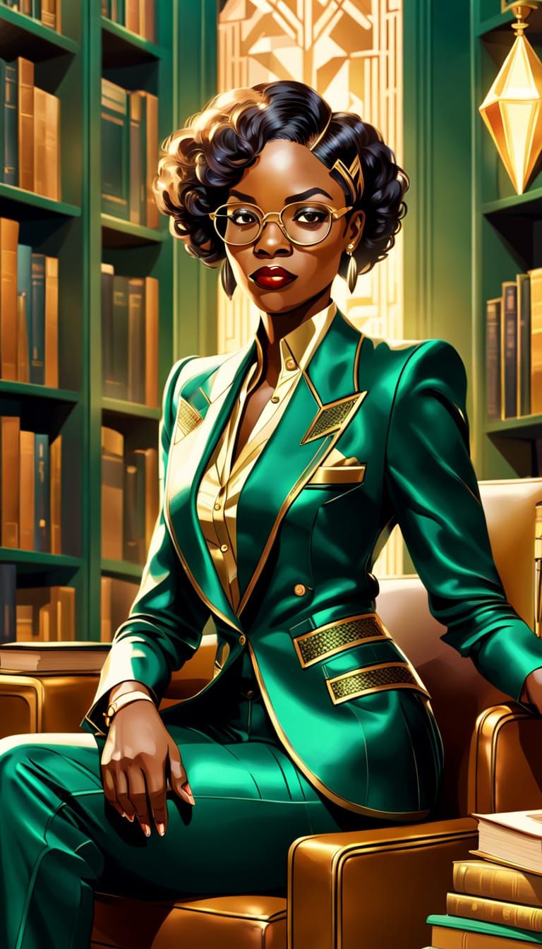 Art Deco Librarian in Modern Library with Emerald Suit