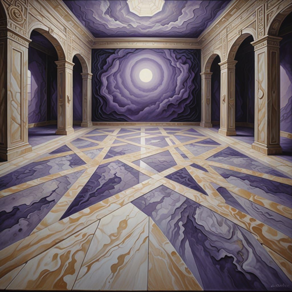 Surrealist Oil Painting of a Shifting Marble Hall