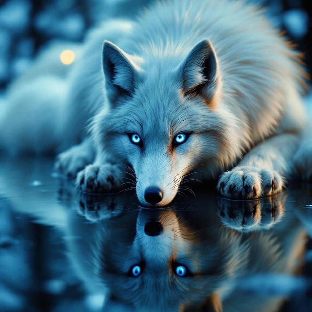 White Fox Reflected in Pool, Science Fiction Style