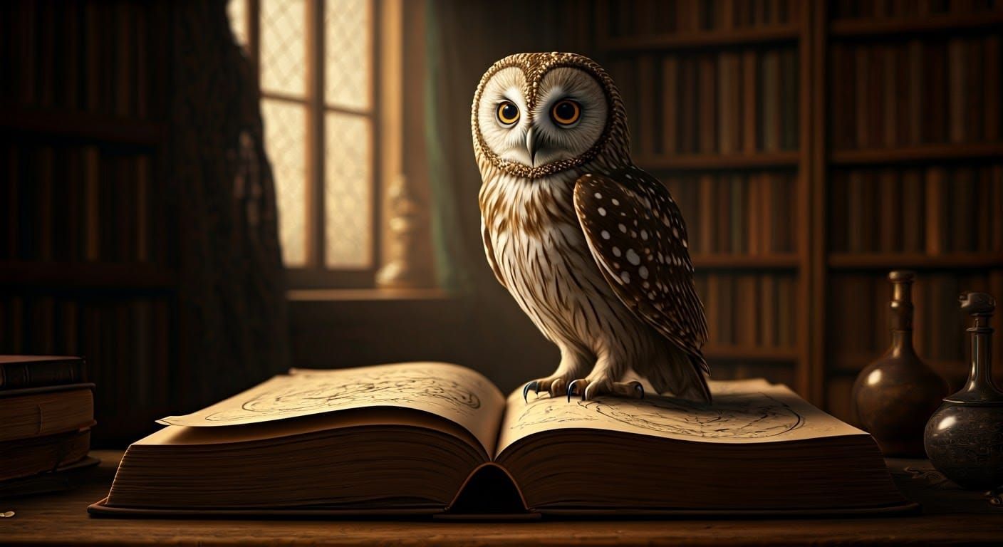 Owl Perched on Book in Library, Digital Art
